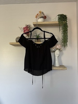 Material Girl black cold shoulder top with lace up tie front - size Small