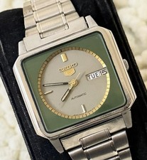 Vintage Seiko 5 Automatic 6309-547A Square Case Green Silver Dial Japan Made
