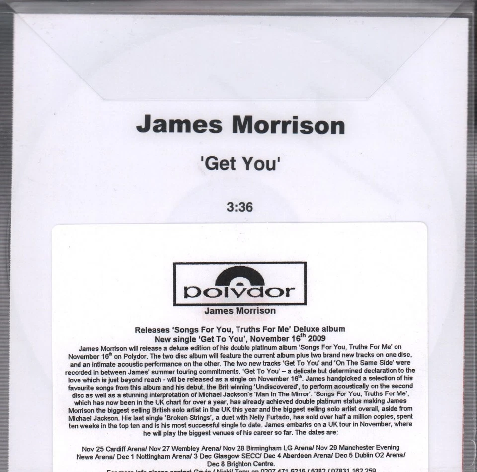 James Morrison Get To You CDr Europa Polydor 2009 Promo CDr Mit Info Aufkleber - Bild 2 von 2