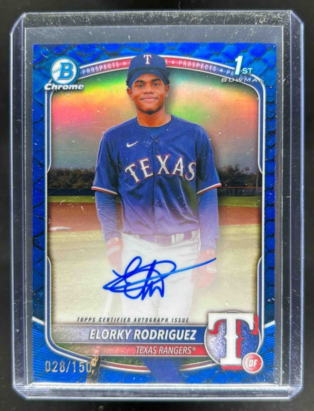 2025 Bowman Chrome Elorky Rodriguez Auto Reptilian Blue Refractor 1st #28/150
