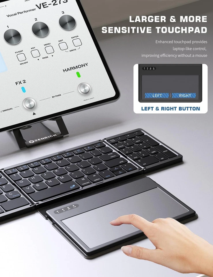 Foldable Wireless Bluetooth Keyboard | Touchpad, 3 Device Sync, Stand, Black - Image 2 of 4