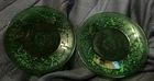 Vtg 2 Anchor Hocking Sandwich Forest Green Etched 4 3/8" Glass Custard Cup Plate