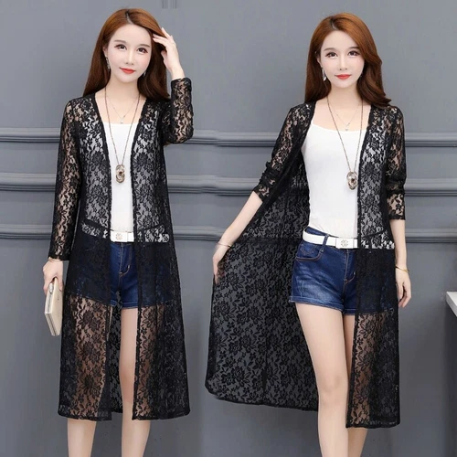 Women Lace Kimono Cardigan Sheer Floral Midi Shawl Jacket Open Front Robe - Picture 14 of 21