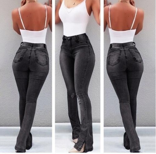 Damen Denim Jeans Damen High Waist Bell Bottom Schlaghose weites Bein Hose - Bild 8 von 12