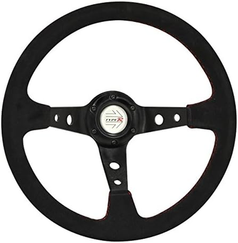Universal 350Mm Deep Dish Suede Wrapped Red Stiching Steering Wheel Black with