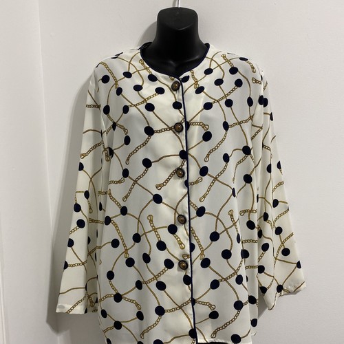 Women's Leslie Fay Blouse Button Down Cream Gold Tone Chain NAVY Polka Dots 16 - Picture 3 of 7