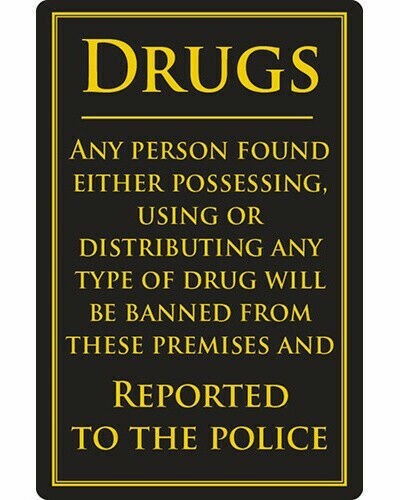 Drugs Warning Sign Bar Restaurant Licensed Premises Notice Anti Drugs Black