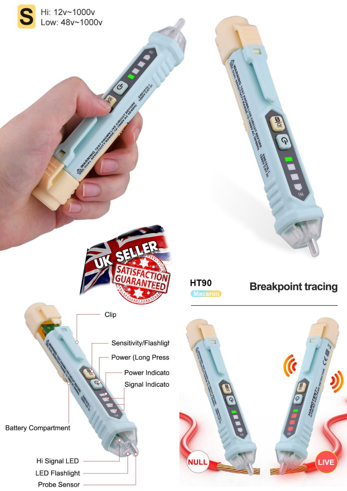 Habotest HT90 Non-Contact AC Voltage Detector Tester Pen Smart 12-1000V Blue