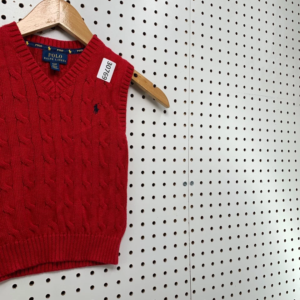 Polo Ralph Lauren Suéter Chaleco Rojo Para Hombre Talla 4T Cable Tejido Sin Mangas 11.5x15.5 Foto 4 de 4