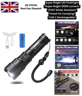 Superhelle Taschenlampe LED 12000 Lumen Zoom Leistungsstarke Campinglampe Torch