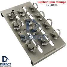 12Pcs Dental Rubber Dam Clamps With Tray Endodontic Retainers Molar Serrated Jaw