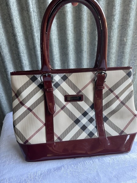 Burberry Nova Check Tote Bag Coated Canvas Beige & Burgundy Handbag Authentic