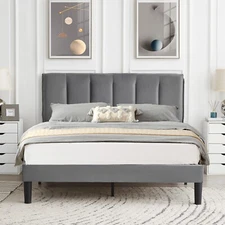 Twin/Full/Queen Bed Frame w/ Fabric Upholstered Headboard Wooden Slats Support