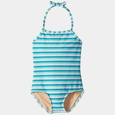 191 Toobydoo Kids Girl Blue Stripe Stretch Swim Halter One-Piece Swimsuit 11-12