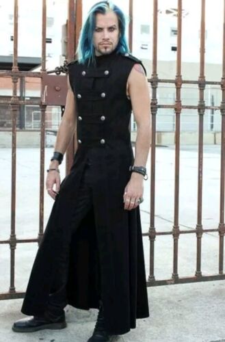 SHRINE HOLLYWOOD Goth Wash Black Victorian Long Vest Jacket Size L Coat Punk #3 - Afbeelding 1 van 11