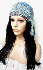 crochet womans handmade skull biker hat beanie chemo blue wildflower
