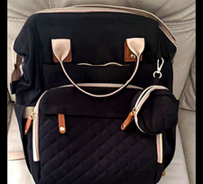 Black/Beige Solid Diaper Bag Backpack w/ Changing Pad, Adjustable Strap, Zip