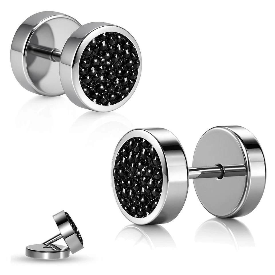 Fakeplugs Edelstahl Ø10mm Schwarz Glitzer Ohrstecker Unisex Ohrringe ohne Dehnen - Bild 2 von 4