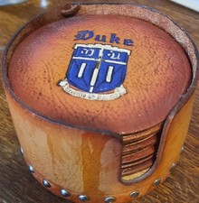 Vintage 8 PC Leather Tooled Coaster Set w/ Tray Western Classic Duke University 