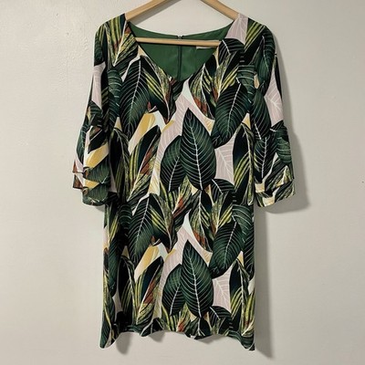 Belongsci Tropical Leaf Print Ruffle Sleeve V Neck Mini Dress Women's S Green