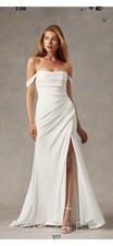 Azazie Moonlight Off Shoulder White Crepe Satin Mermaid Wedding Dress