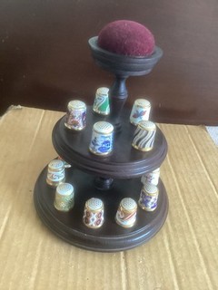 14 Piece Vintage Royal Crown Derby Bone China Thimble Set Wood Stand Pincushion