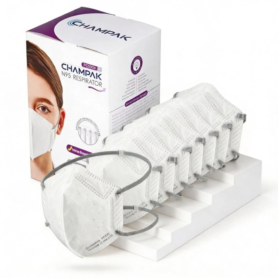 Champak Flat Fold Adjustable N95 Masks Large – Pack of 15 White, 5-Ply Dispos...