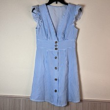 Shein Blue White Striped Button Front Fit & Flare Dress Size Small S EU 36