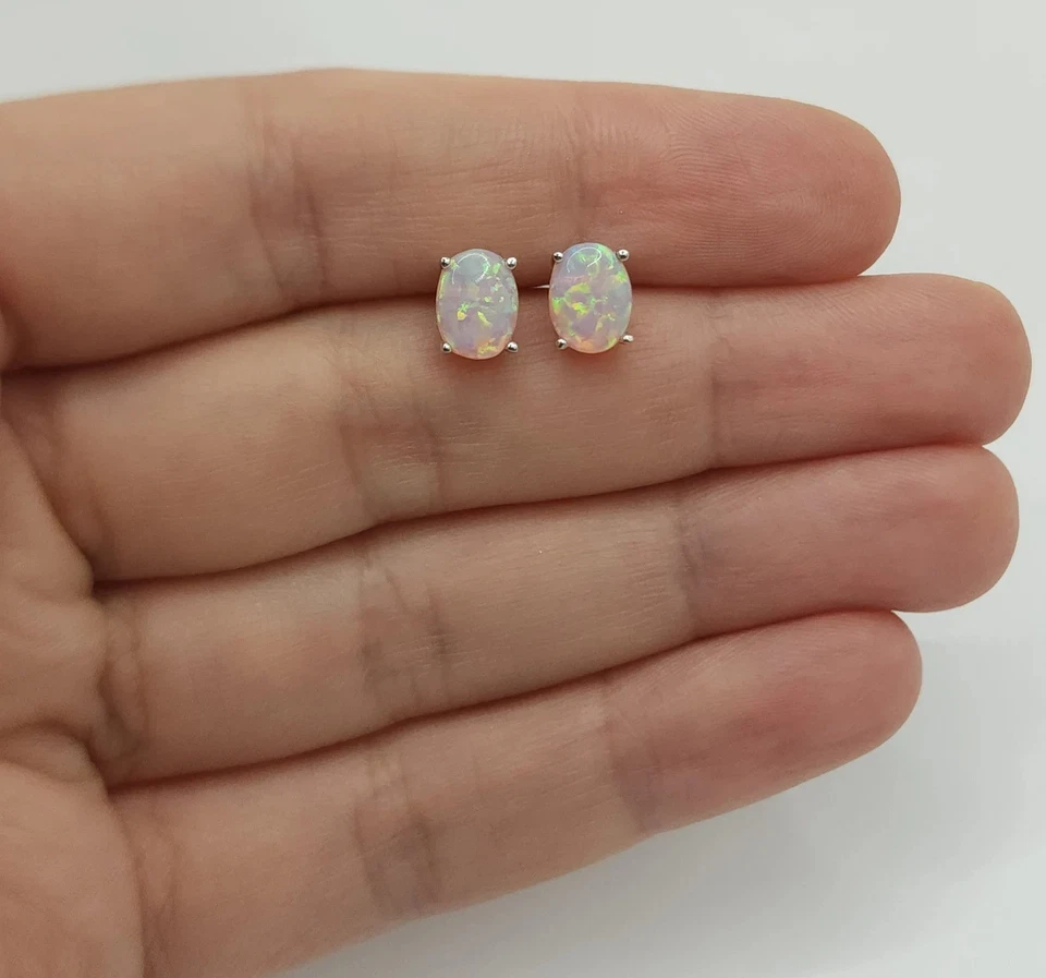 Pendientes de ópalo rosa de oro macizo de 14K, aretes de oro de ópalo, aretes ovalados de ópalo Foto 3 de 4