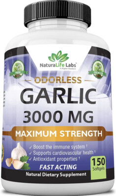Odorless Pure Garlic 3000 Mg per Serving Maximum Strength 150 Soft Gels Promotes