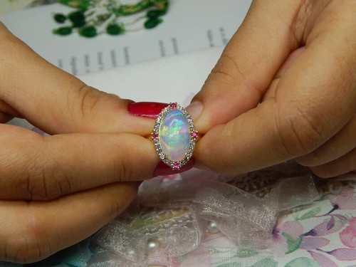 22k Yellow Gold Plated 925 Sterling Silver Natural Opal Oval Cut Engagement Ring - Picture 6 of 7