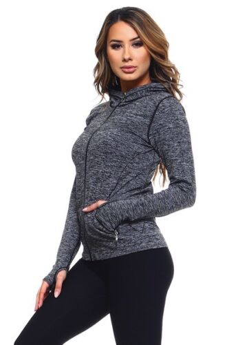 Women's Seamless Athletic Jacket w Hood Hoodie Zip Up CHARCOAL Sz. MEDIUM/LARGE - Picture 6 of 7