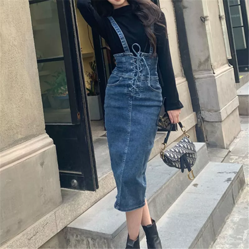 NEW Womens Washed Denim Dress Long Slim Casual Jean Shirt Dress Jumpsuit  Overall | eBay