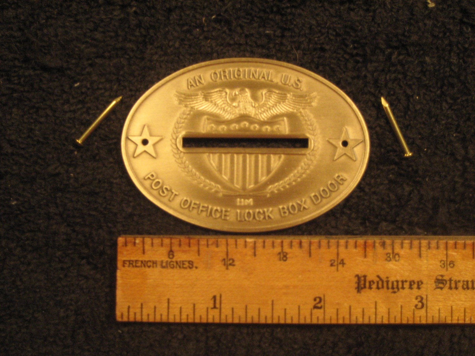 Post Office Box Door 3 Fancy Solid Brass Coin Slots, with Nails, Made in USA