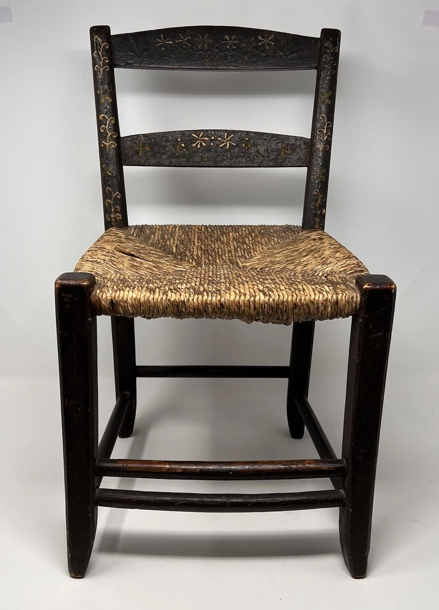 Old Vintage CHILD s Wood Ladder Back Hand Painted Chair Woven Seat 20.5