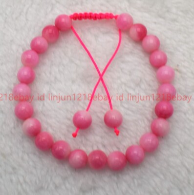 Natural 6/8/10mm Pink White Jade Round Gematone Beaded Adjustable Bracelet 7.5in