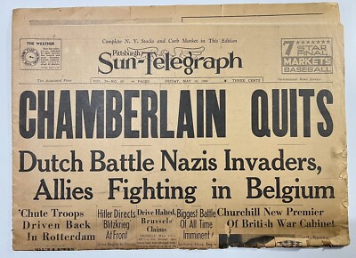 VTG 1940 WW2 Pittsburgh Sun-Telegraph Newspaper May 10 CHAMBERLAIN QUITS Nazis