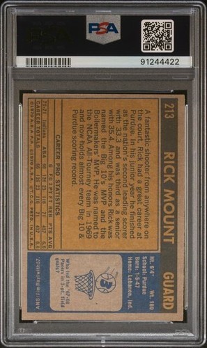 1971 TOPPS BASKETBALL PACERS RICK MOUNT ROOKIE RC #213 HOF EX-MT PSA 6 CENTERED - Picture 2 of 2