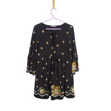 ENTRO Women's Boho Floral Dress 3/4 Bell Sleeves Tie Front Polka Dot Size S