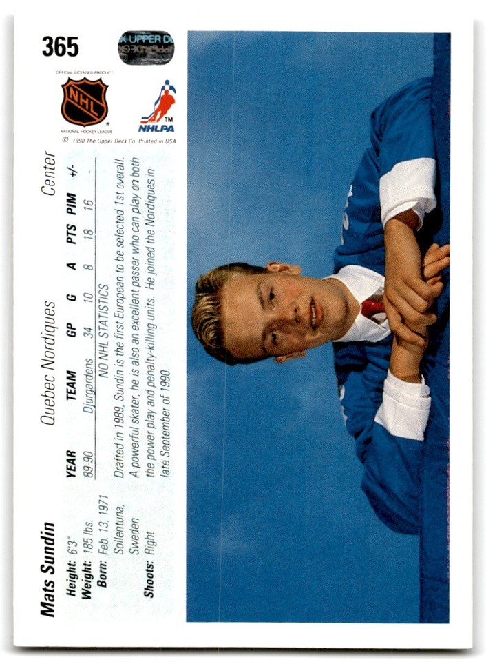 199091 UPPER DECK MATS SUNDIN ROOKIE QUEBEC NORDIQUES 365 eBay