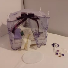 Miniature dollhouse furniture White & purple canopy bed Butterflies Accessories