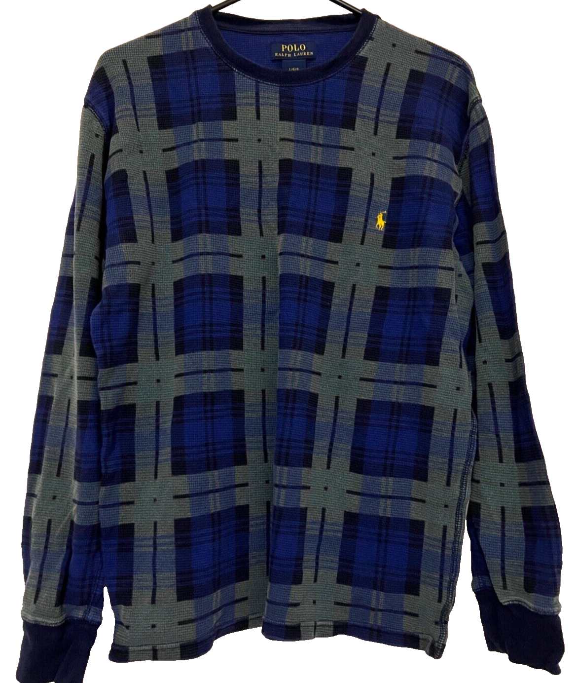 PONY Polo Ralph Lauren vintage uomo grande maglione a quadri felpa blu verde girocollo