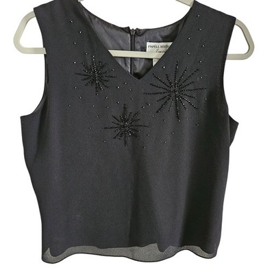 Papell Boutique Evening Size M Black Blouse Embellished Sleeveless Lined Party