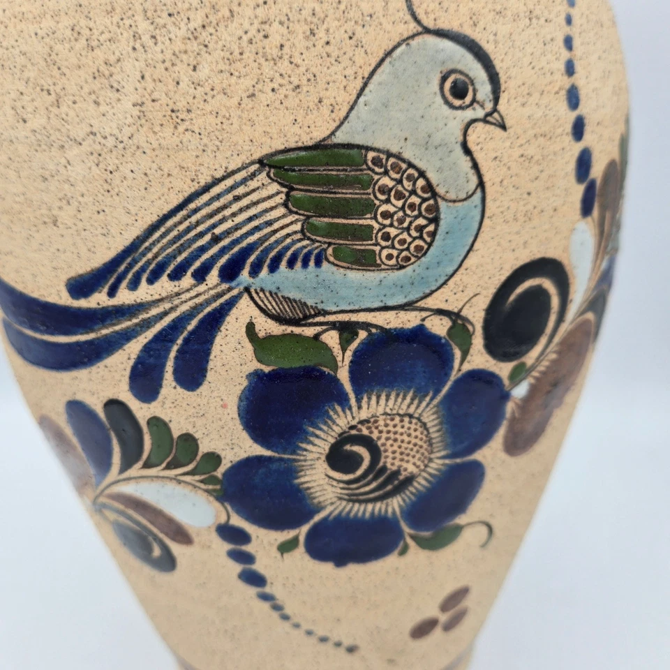 Mexican Pottery Vases Set Hand Painted Bird Floral Tan Brown Home Decor - Image 3 of 4