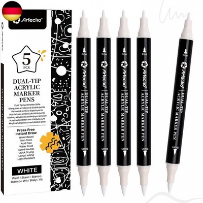 Artecho Acrylstifte 5 Weiß Farben, 0.5-5mm Wasserfester Dual Tip Marker (Pinsel 