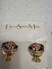 vintage gold tone rhinestone basket clip on earrings, signed costume jewelry