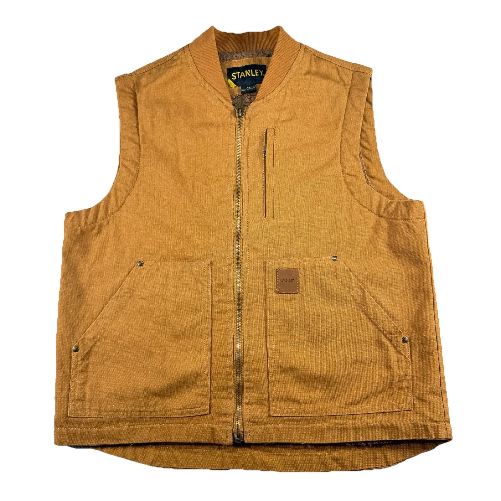 Stanley Work Vest Mens Medium Brown Sherpa Lined Canvas Zip Pockets Workwear