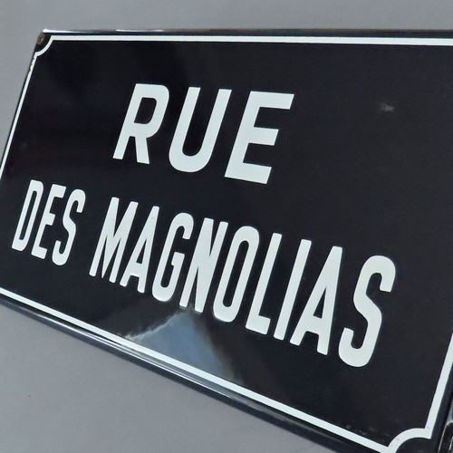 Antique FRENCH Enamel 18" SIGN Plaque RUE des MAGNOLIAS White Lettering on BLUE