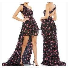 Mac Duggal Floral One Shoulder High Low Tiered Gown Black Pink Rose 70246 BMU 8