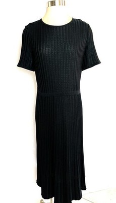 MING WANG Size L Black Ribbed Textured Knit Short Sleeve Midi Dress L